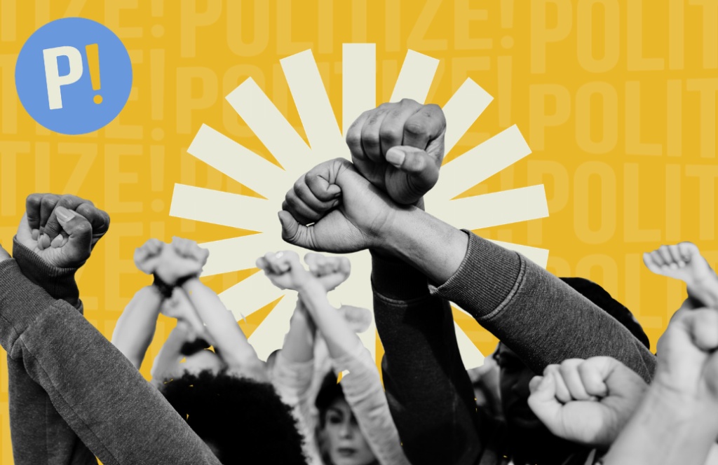 Imagen de capa con personas levantando los brazos representando la justicia social.