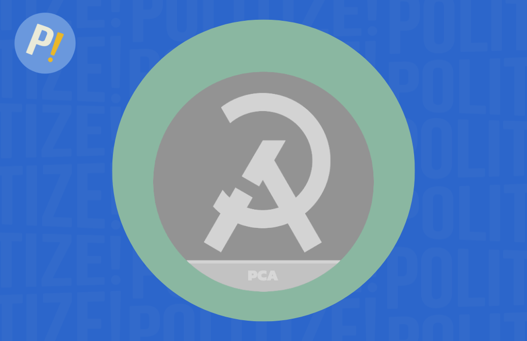 Ilustración del símbolo del Partido Comunista de la Argentina, con la hoz y el martillo y la sigla PCA en el centro, sobre un fondo azul con la identidad visual de Politize!.